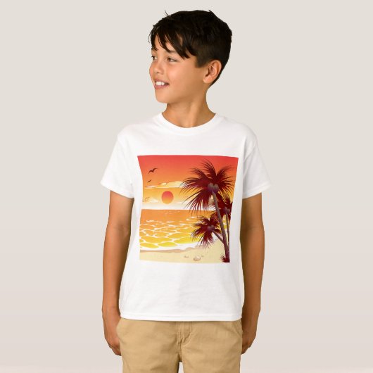 Tropical Sunset Beach Palm Tree Island Tシャツ (正面フル)