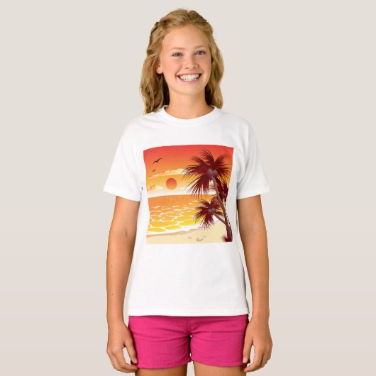 Tropical Sunset Beach Palm Tree Island Tシャツ (正面フル)
