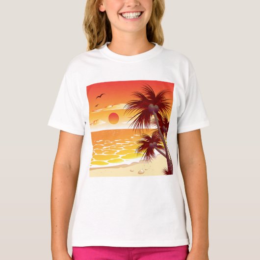 Tropical Sunset Beach Palm Tree Island Tシャツ (正面)