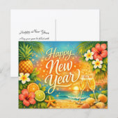 Tropical Sunset Champagne Happy New Year シーズンポストカード (正面/裏面)