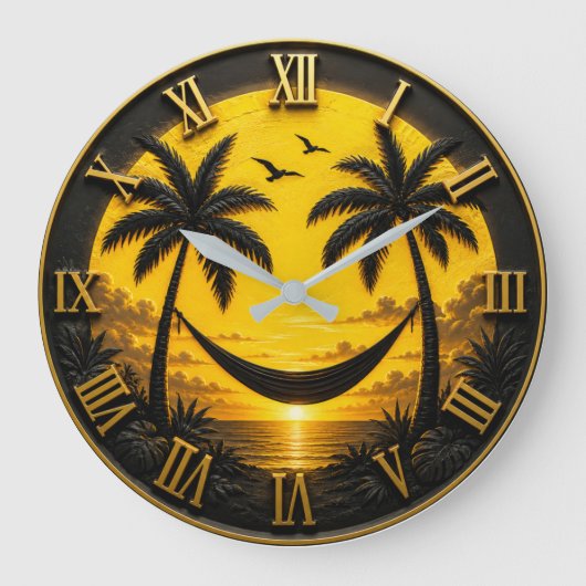 Tropical Sunset Hammock Luxury Coastal Beach Decor ラージ壁時計 (正面)