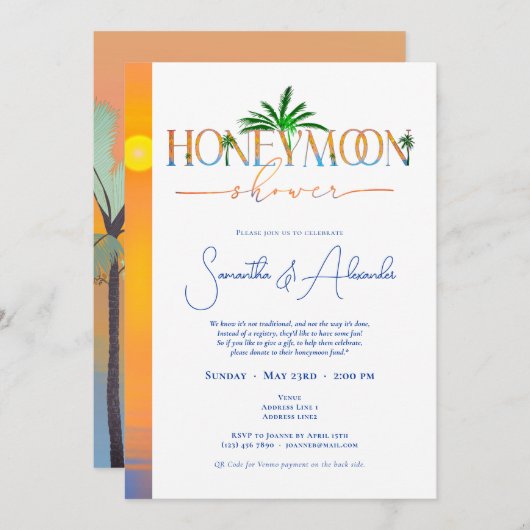 Tropical Sunset Honeymoon Couples Shower 招待状 (正面/裏面)