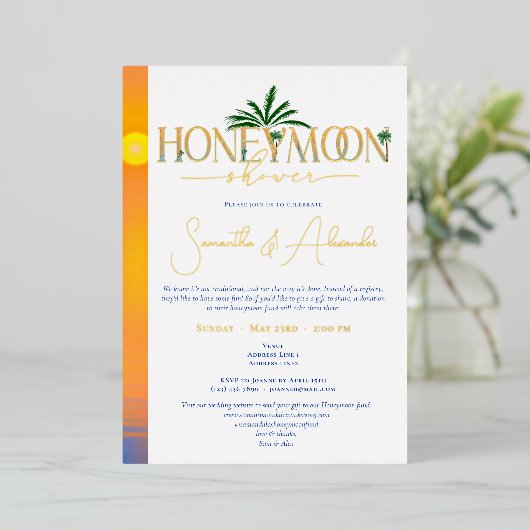 Tropical Sunset Honeymoon Couples Shower 箔招待状 (立ち正面)
