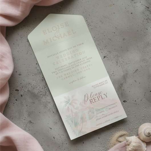 Tropical Sunset Island Beach Watercolor Wedding オールインワン招待状