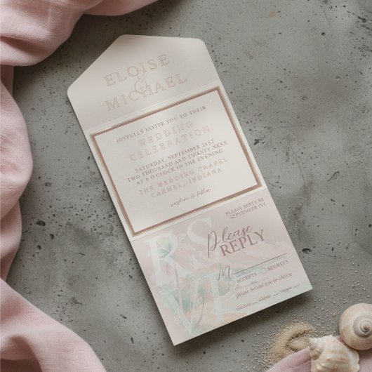 Tropical Sunset Island Beach Watercolor Wedding オールインワン招待状