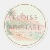 Tropical Sunset Island Beach Watercolor Wedding ラウンドシール (正面)