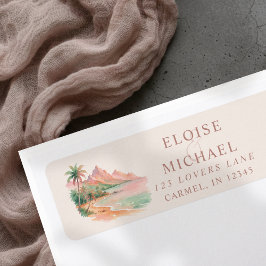 Tropical Sunset Island Beach Watercolor Wedding ラベル