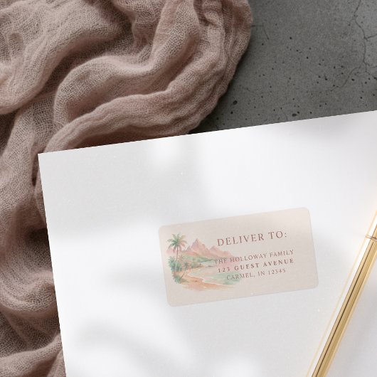 Tropical Sunset Island Beach Watercolor Wedding ラベル