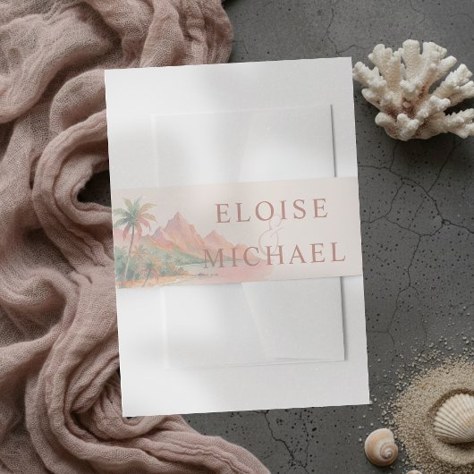 Tropical Sunset Island Beach Watercolor Wedding 招待状ベリーバンド