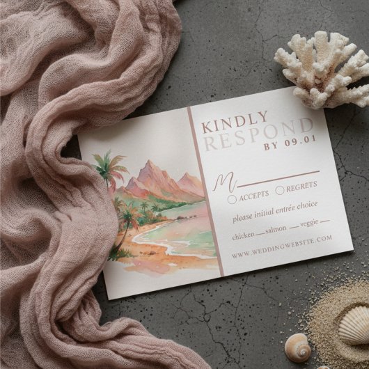 Tropical Sunset Island Watercolor Wedding QR 出欠カード