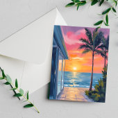 Tropical Sunset Palm Beach Ocean Watercolor Card