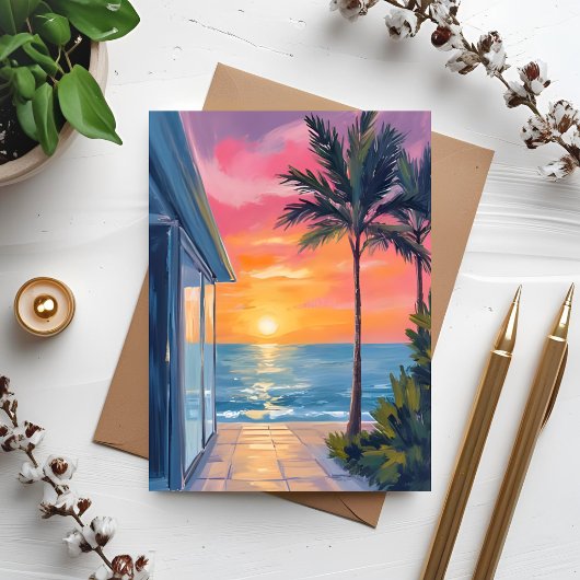 Tropical Sunset Palm Beach Ocean Watercolor Card