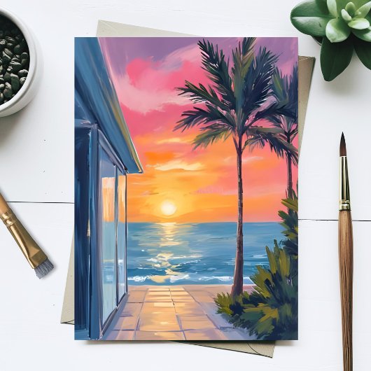 Tropical Sunset Palm Beach Ocean Watercolor Card