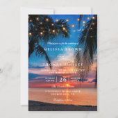 Tropical Sunset String Lights Palm QR Code Wedding 招待状 (正面)