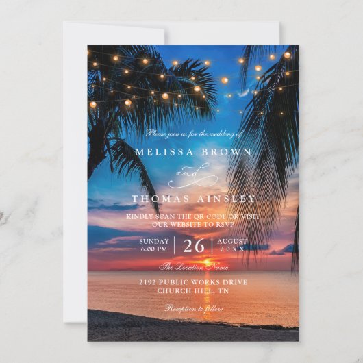 Tropical Sunset String Lights Palm QR Code Wedding 招待状 (正面)