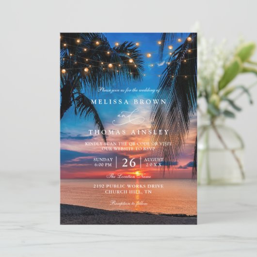 Tropical Sunset String Lights Palm QR Code Wedding 招待状 (スタンド正面)