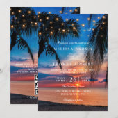 Tropical Sunset String Lights Palm QR Code Wedding 招待状 (正面/裏面)