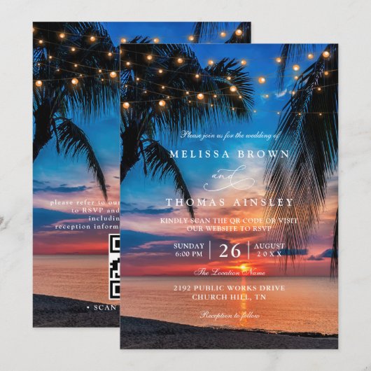 Tropical Sunset String Lights Palm QR Code Wedding 招待状 (正面/裏面)