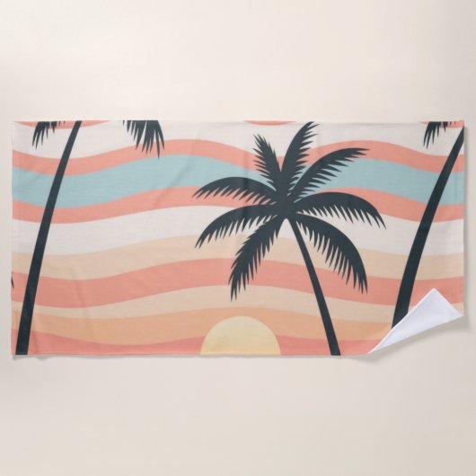 Tropical Sunset Stripes – Sunset Palms Towel ビーチタオル (正面)