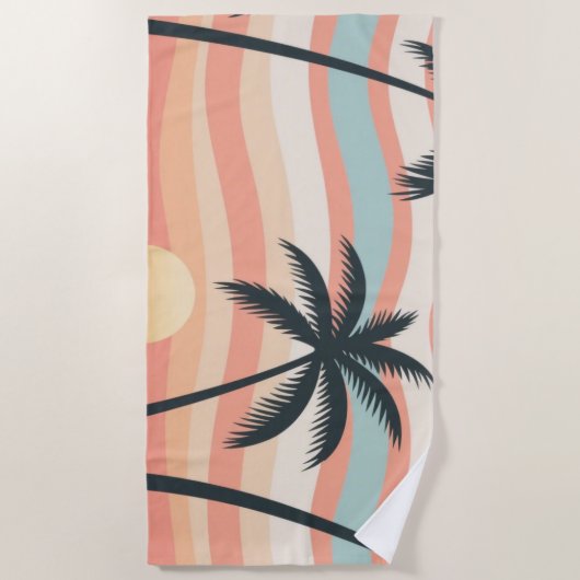 Tropical Sunset Stripes – Sunset Palms Towel ビーチタオル (正面)