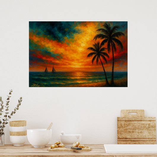 Tropical Sunset with Sailboats ポスター (キッチン)