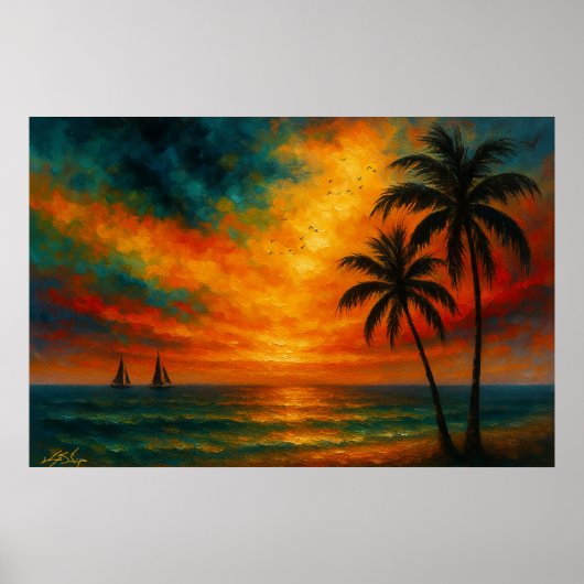 Tropical Sunset with Sailboats ポスター (正面)