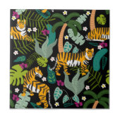 Tropical Tiger Black Botanical Jungle Safari Cats タイル (正面)