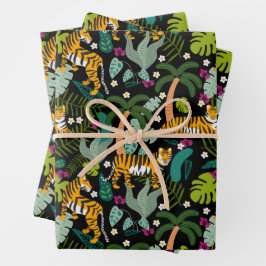 Tropical Tiger Black Botanical Jungle Safari Cats ラッピングペーパーシート