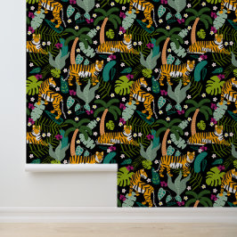 Tropical Tiger Black Botanical Jungle Safari Cats 壁紙