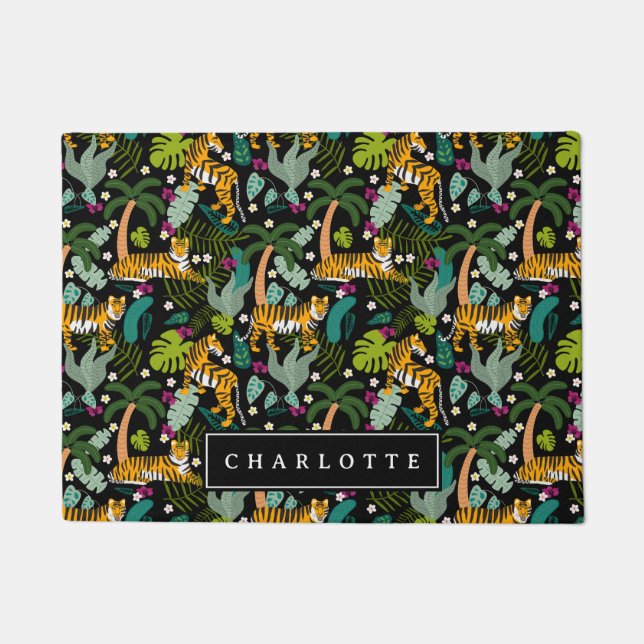 Tropical Tiger Black Jungle Safari Cats ドアマット (正面)