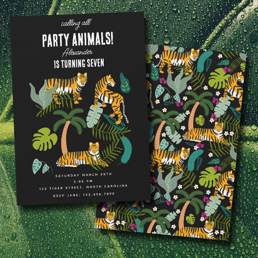 Tropical Tiger Black Jungle Safari Kids Birthday  招待状
