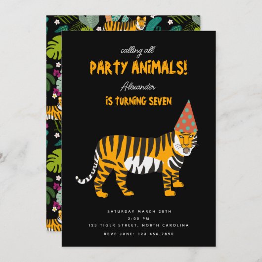 Tropical Tiger Jungle Kids Party Animals Birthday 招待状 (正面/裏面)