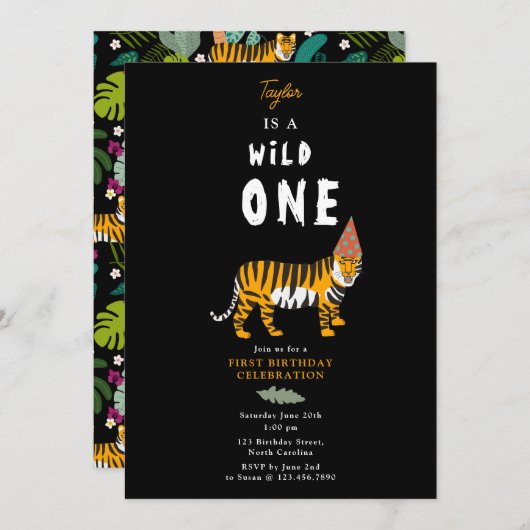 Tropical Tiger Jungle Safari Kids First Birthday 招待状 (正面/裏面)