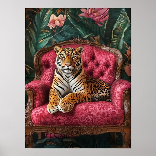 Tropical Tiger on Pink Sofa Poster Eclectic Tiger ポスター (正面)