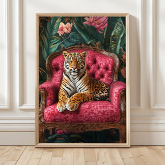 Tropical Tiger on Pink Sofa Poster Eclectic Tiger  ポスター