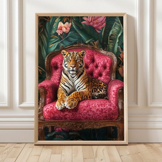 Tropical Tiger on Pink Sofa Poster Eclectic Tiger ポスター