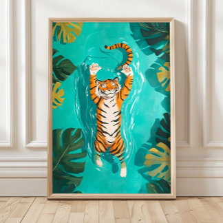 Tropical Tiger Swimming in River Bathroom Print ポスター