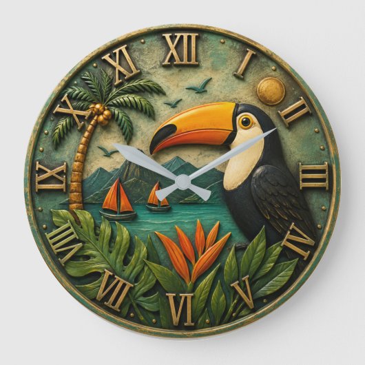 Tropical Toucan Exotic Rainforest Coastal ラージ壁時計 (正面)