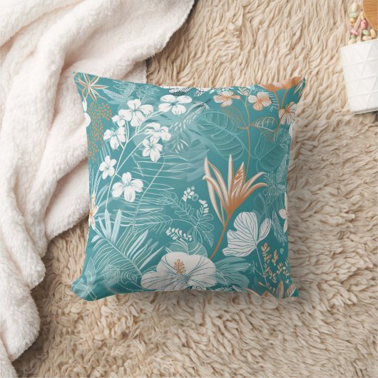 Tropical Turquoise & Terracotta Hibiscus Floral  クッション (ブランケット)
