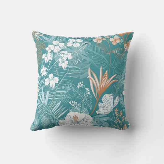 Tropical Turquoise & Terracotta Hibiscus Floral  クッション (裏面)