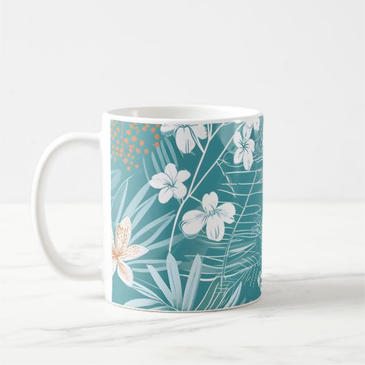 Tropical Turquoise & Terracotta Hibiscus Floral  コーヒーマグカップ (左)