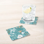 Tropical Turquoise & Terracotta Hibiscus Floral  スクエアペーパーコースター (インサイチュ)