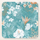 Tropical Turquoise & Terracotta Hibiscus Floral  スクエアペーパーコースター (正面)