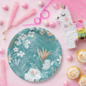Tropical Turquoise & Terracotta Hibiscus Floral  ペーパープレート (パーティー)