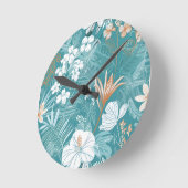 Tropical Turquoise & Terracotta Hibiscus Floral  ラウンド壁時計 (傾斜)