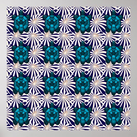 Tropical Turtle Floral Pattern Seamless Sea Turtle ポスター (正面)