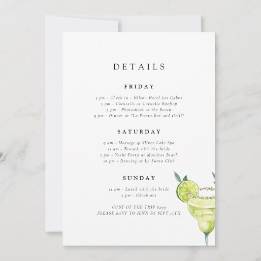 Tropical Vibes Mexico Beach Bachelorette Weekend 招待状 (裏面)