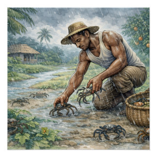 Tropical Village Life: Man Catching Crabs in Rain ポスター