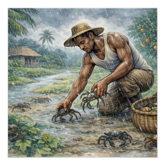 Tropical Village Life: Man Catching Crabs in Rain ポスター (正面)