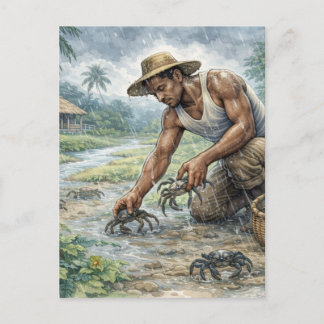 Tropical Village Life: Man Catching Crabs in Rain ポストカード